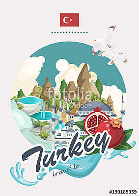 Törökország vektoros vakáció illusztráció turkiai tereptárgyakka (fotótapéta) - vászonkép, falikép otthonra és irodába