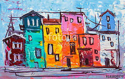 Absztrakt színes városrész (olajfestmény reprodukció) (többrészes kép) - vászonkép, falikép otthonra és irodába