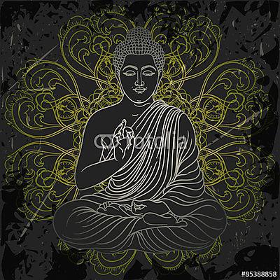 Vintage poszter ülő Buddha a grunge háttér fölött (keretezett kép) - vászonkép, falikép otthonra és irodába