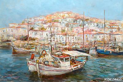 Csónakok a sziget kikötőjén, kézzel készített festészet (poszter) - vászonkép, falikép otthonra és irodába