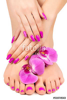 pink manicure and pedicure with a orchid flower (keretezett kép) - vászonkép, falikép otthonra és irodába