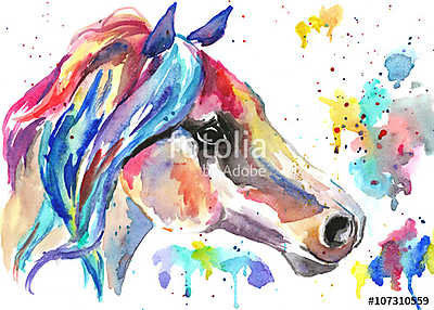 Horse head. Color watercolor illustration. Hand drawn (keretezett kép) - vászonkép, falikép otthonra és irodába