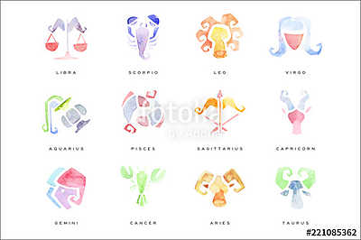 Zodiac Signs set of hand drawn watercolor vector Illustrations (poszter) - vászonkép, falikép otthonra és irodába