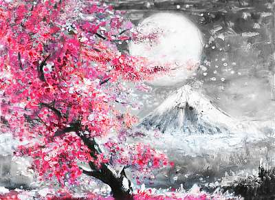 Sakura, fa és hold (olajfestmény reprodukció) (vászonkép óra) - vászonkép, falikép otthonra és irodába
