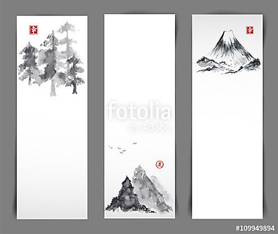 Három bannerek hegyekkel és erdőkkel. A hagyományos japánok (keretezett kép) - vászonkép, falikép otthonra és irodába