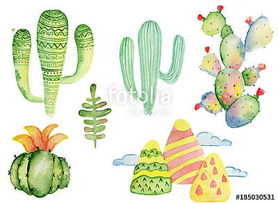 Watercolor tropical cactus hand drawn illustration set isolated  (többrészes kép) - vászonkép, falikép otthonra és irodába