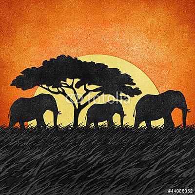 Szavannai naplemente elefántokkal (keretezett kép) - vászonkép, falikép otthonra és irodába