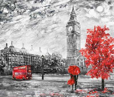 Londoni látkép - szürke-piros művészi kép (fotótapéta) - vászonkép, falikép otthonra és irodába