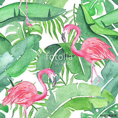 Tropical leaves and flamingo saemless pattern (fotótapéta) - vászonkép, falikép otthonra és irodába