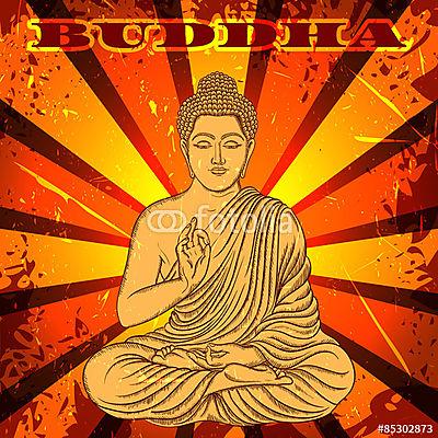 Vintage poszter ülő Buddha a grunge háttéren. áztat (többrészes kép) - vászonkép, falikép otthonra és irodába
