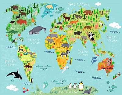 Állatos világtérkép gyerekeknek (keretezett kép) - vászonkép, falikép otthonra és irodába