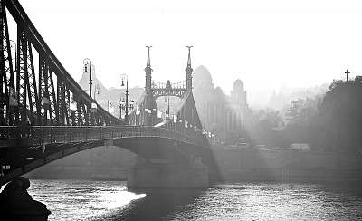 Szabadság-híd a ködben. Budapest, Magyarország. (fotótapéta) - vászonkép, falikép otthonra és irodába