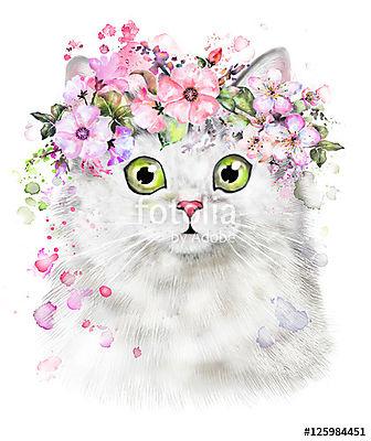 Aranyos macska illusztráció virágokkal (többrészes kép) - vászonkép, falikép otthonra és irodába