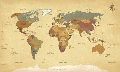 Textured szüreti világtérkép - angol / amerikai címkék - Vector  (fotótapéta) - vászonkép, falikép otthonra és irodába