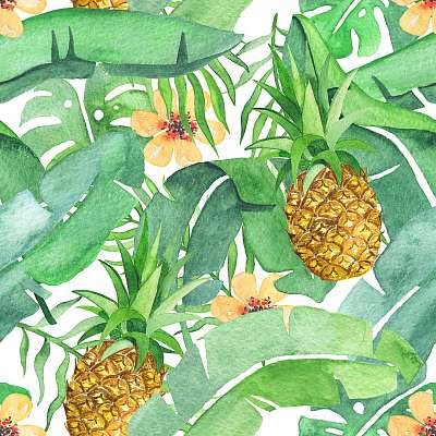Tropical leaves and pineapple saemless pattern (keretezett kép) - vászonkép, falikép otthonra és irodába