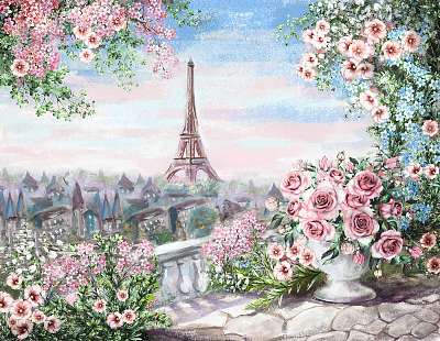 Rózsák és tenger Eiffel torony színverzió 3  (olajfestmény reprodukció) (keretezett kép) - vászonkép, falikép otthonra és irodába