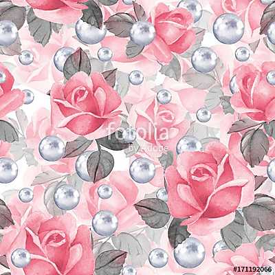 Floral seamless pattern 20. Watercolor background with pink rose (fotótapéta) - vászonkép, falikép otthonra és irodába