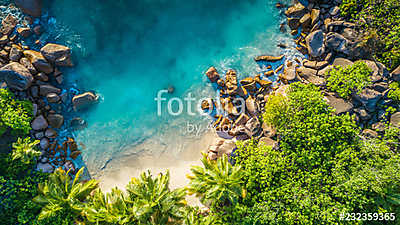 Tropical beach with sea and palm taken from drone. Seychelles famous shark beach - aerial photo (keretezett kép) - vászonkép, falikép otthonra és irodába