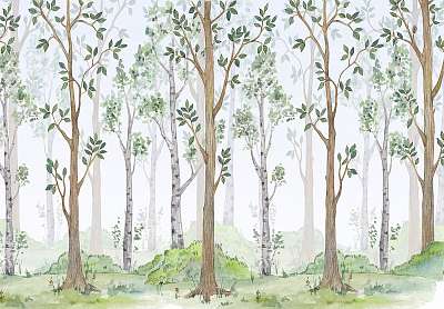 Birs és nyírfa erdő vízfesték stílusban (keretezett kép) - vászonkép, falikép otthonra és irodába