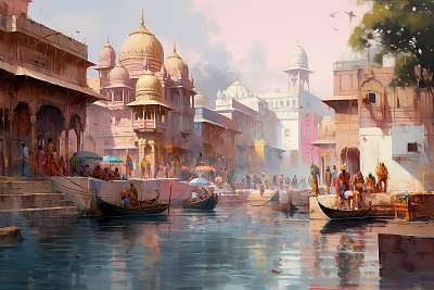 Varanasi Indiában a Gangesz mellett (vízfesték effekt) (többrészes kép) - vászonkép, falikép otthonra és irodába