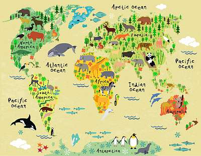 Állatos világtérkép gyerekeknek (keretezett kép) - vászonkép, falikép otthonra és irodába