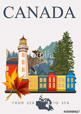 Kanadában. Kanadai vektoros illusztráció. Utazás képeslap. (keretezett kép) - vászonkép, falikép otthonra és irodába