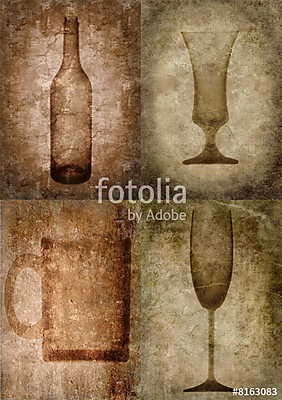 Szépia árnyalatban stilizált poharak, palackok (keretezett kép) - vászonkép, falikép otthonra és irodába