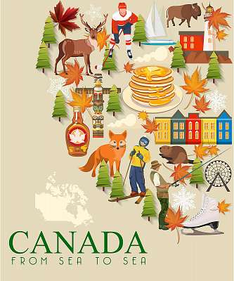 Kanadában. Kanadai vektoros illusztráció. Utazás képeslap. (többrészes kép) - vászonkép, falikép otthonra és irodába