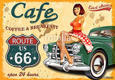 Cafe route 66 vintage poster (poszter) - vászonkép, falikép otthonra és irodába