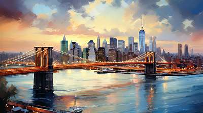 New York City naplementében Manhattannel és a Brrooklyn-híddal  (vízfestéék effekt) (poszter) - vászonkép, falikép otthonra és irodába