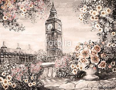 Rózsák és Big Ben, London színverzió 2 szépia (olajfestmény reprodukció) (többrészes kép) - vászonkép, falikép otthonra és irodába
