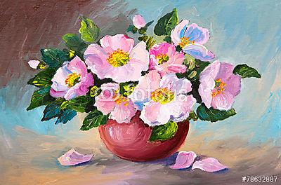 Rózsaszín virágok vázában (olajfestmény reprodukció) (keretezett kép) - vászonkép, falikép otthonra és irodába