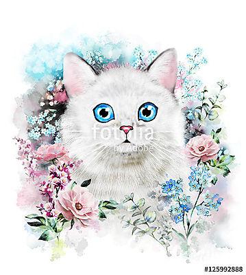 Aranyos macska illusztráció virágok közt (fotótapéta) - vászonkép, falikép otthonra és irodába