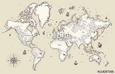 Nagy részletes, régi világtérkép dekoratív elemekkel (többrészes kép) - vászonkép, falikép otthonra és irodába