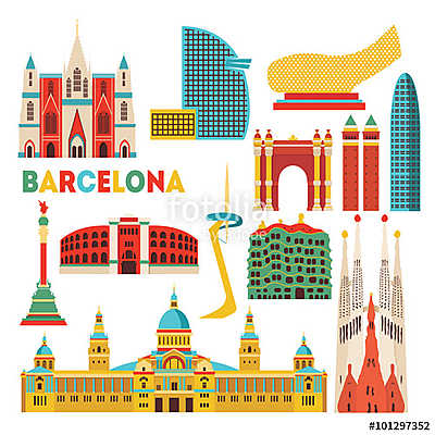 Barcelona  detailed monuments. Vector illustration (többrészes kép) - vászonkép, falikép otthonra és irodába
