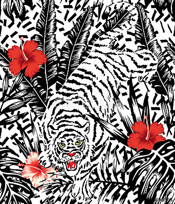 Tigris, hibiszkusz és trópusi levélmintázat (fotótapéta) - vászonkép, falikép otthonra és irodába