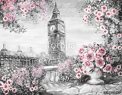 Rózsák és Big Ben, London színverzió 1 (olajfestmény reprodukció) (többrészes kép) - vászonkép, falikép otthonra és irodába