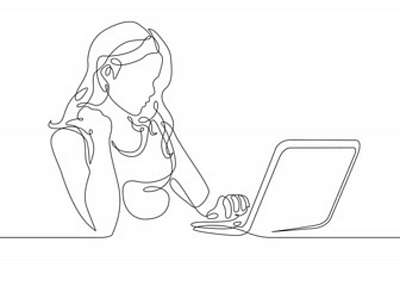 Lány laptoppal vonalrajz, line art (keretezett kép) - vászonkép, falikép otthonra és irodába