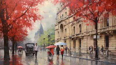 Budapest utcakép őszi esős időben esernyővel sétáló emberekkel 1. (festmény effekt) (bögre) - vászonkép, falikép otthonra és irodába