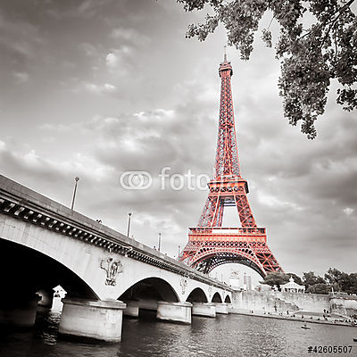 Eiffel-torony monokróm szelektív színezék (keretezett kép) - vászonkép, falikép otthonra és irodába