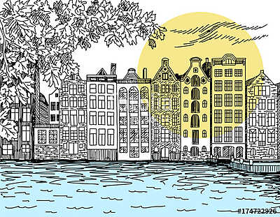 Amszterdam vektor vonal illusztráció (többrészes kép) - vászonkép, falikép otthonra és irodába