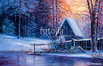 Téli erdő kisházzal (olajfestmény reprodukció) (többrészes kép) - vászonkép, falikép otthonra és irodába