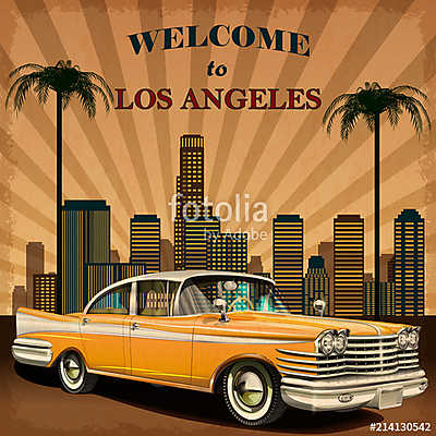 Welcome to Los Angeles retro poster. (vászonkép óra) - vászonkép, falikép otthonra és irodába
