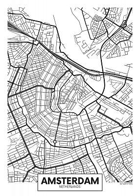 Vektor poszter térkép város Amszterdam (keretezett kép) - vászonkép, falikép otthonra és irodába
