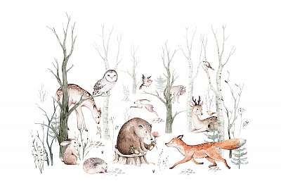 Erdei állatok a téli erdőben grafika (többrészes kép) - vászonkép, falikép otthonra és irodába