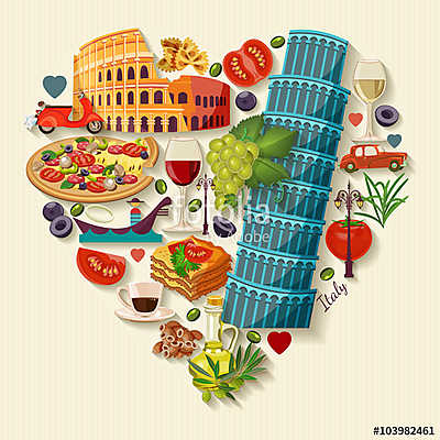 Olaszország szerelem - szív alakú ikonokkal. Régies. Utazás Conc (többrészes kép) - vászonkép, falikép otthonra és irodába