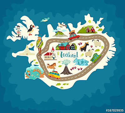 Iceland abstract map, handdrawn vector illustration. Travel illu (vászonkép óra) - vászonkép, falikép otthonra és irodába