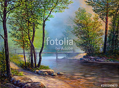 Színes nyári erdő,  folyó híddal (olajfestmény reprodukció) (poszter) - vászonkép, falikép otthonra és irodába