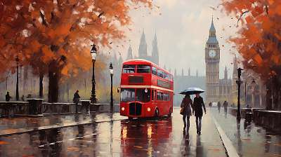 Londoni utcakép Big bennel és emeletes busszal esőben 1. (festmény effekt) (poszter) - vászonkép, falikép otthonra és irodába