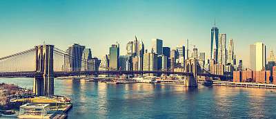 Brooklyn-híd és Manhattan napsütésben, New York Cityben (vászonkép óra) - vászonkép, falikép otthonra és irodába